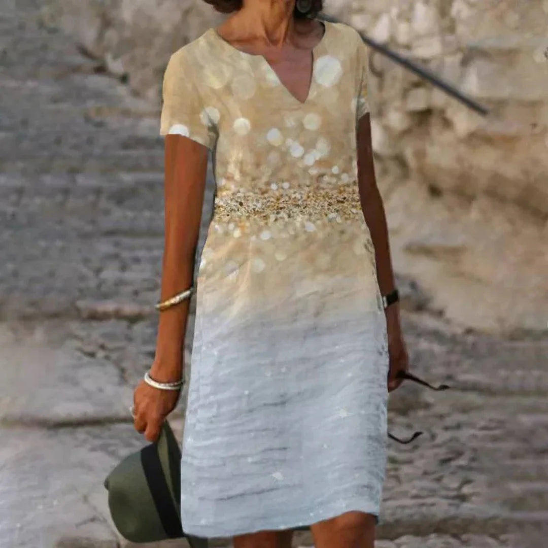 Beiges Damen Sommerkleid mit Blumendruck, V-Ausschnitt aus leichtem Stoff. Perfekt für den Sommer!