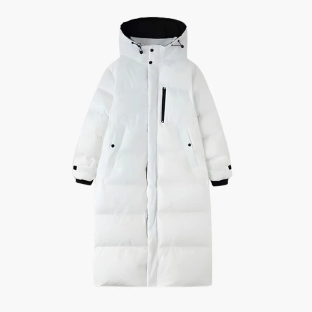 Damen Steppjacke in Schwarz, lang geschnitten, mit praktischen Vordertaschen und einer verstellbaren Kapuze für optimalen…