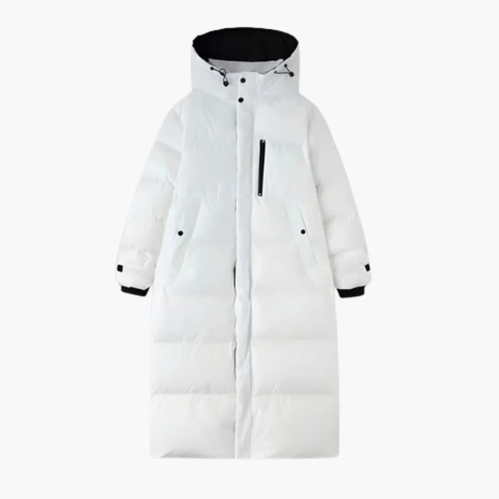 Damen Steppjacke in Schwarz, lang geschnitten, mit praktischen Vordertaschen und einer verstellbaren Kapuze für optimalen…