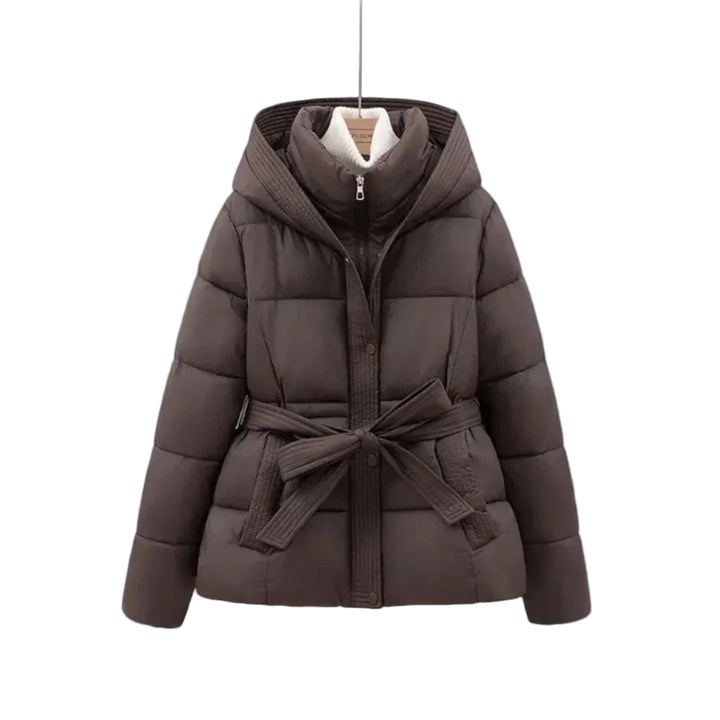 Dunkelbraune Damen Steppjacke mit Gürtel und Kapuze, gefüttert, warm und ideal für kalte Wintertage.