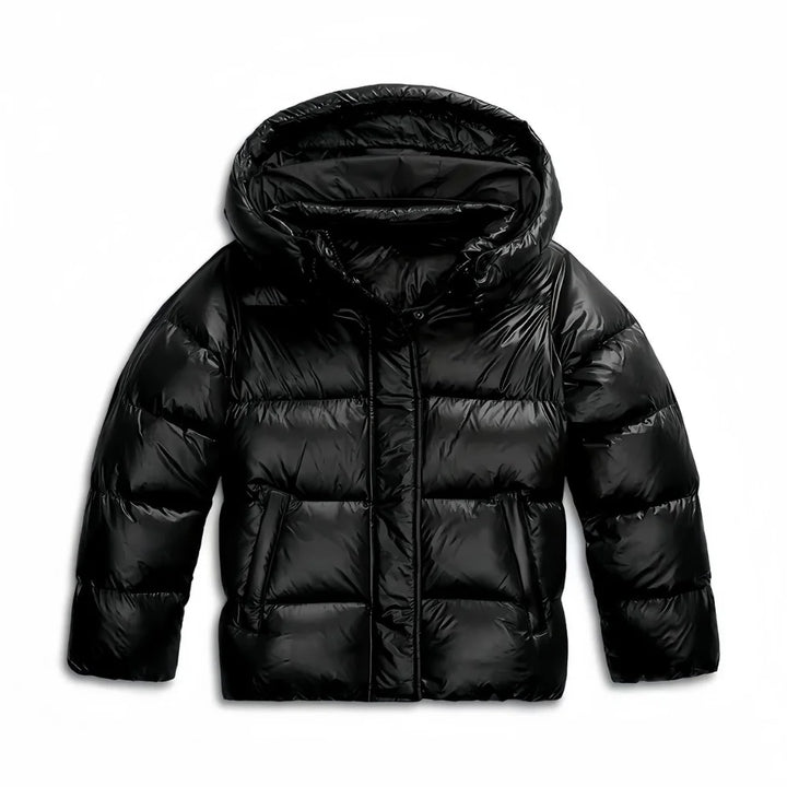 Schwarze Damen Steppjacke mit Kapuze, leichte Isolierung, wasserabweisend, ideal für kühle Tage und Outdoor-Aktivitäten.