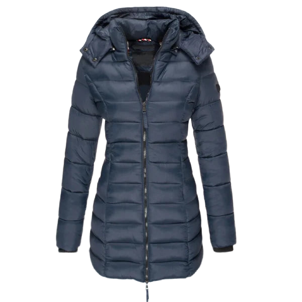 Marineblaue Damen Winterjacke Puffer mit Kapuze, Reißverschluss, wärmendes Material und sportlicher Schnitt für kalte Tage.