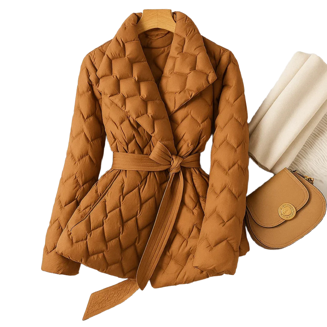 Kupferbraune Damen Steppjacke mit Schalkragen, Bindegürtel und warmem Futter für den Herbst/Winter.