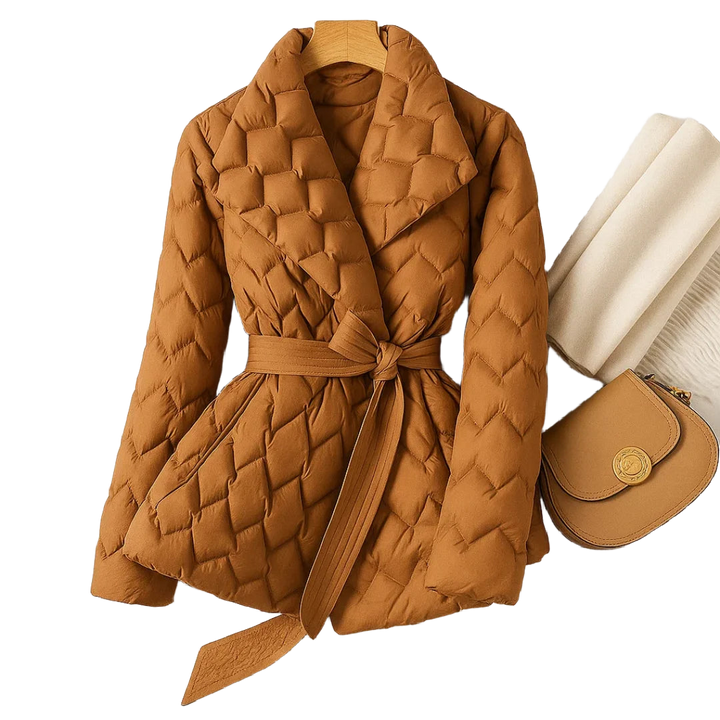 Kupferbraune Damen Steppjacke mit Schalkragen, Bindegürtel und warmem Futter für den Herbst/Winter.