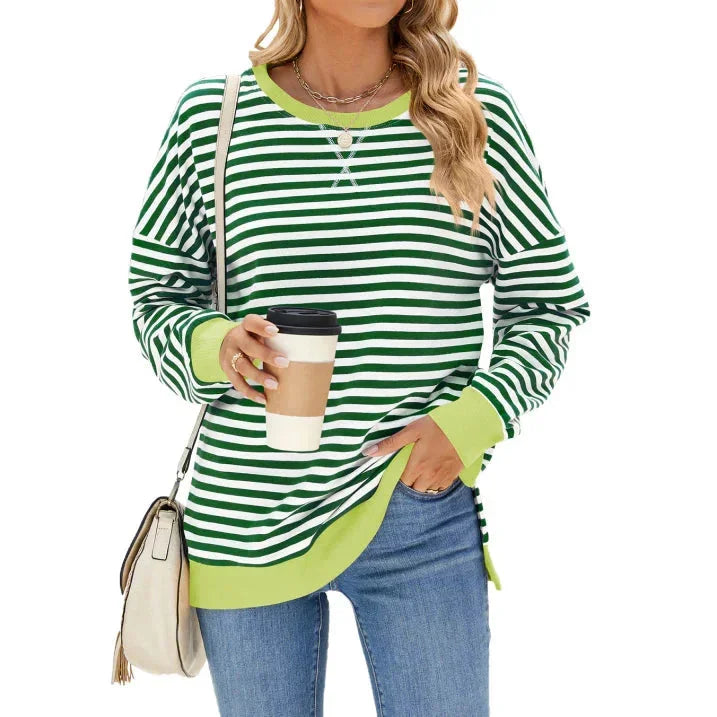 Grüner Damen Streifenpullover aus Baumwolle mit Rundhals, Langarm und maritimem Streifenmuster für lässige Styles.