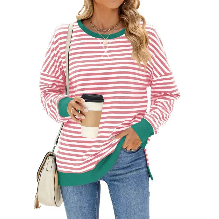 Rosa Damen Streifenpullover aus weichem Material mit Rundhals und Langarm, ideal für lässige Herbstoutfits.