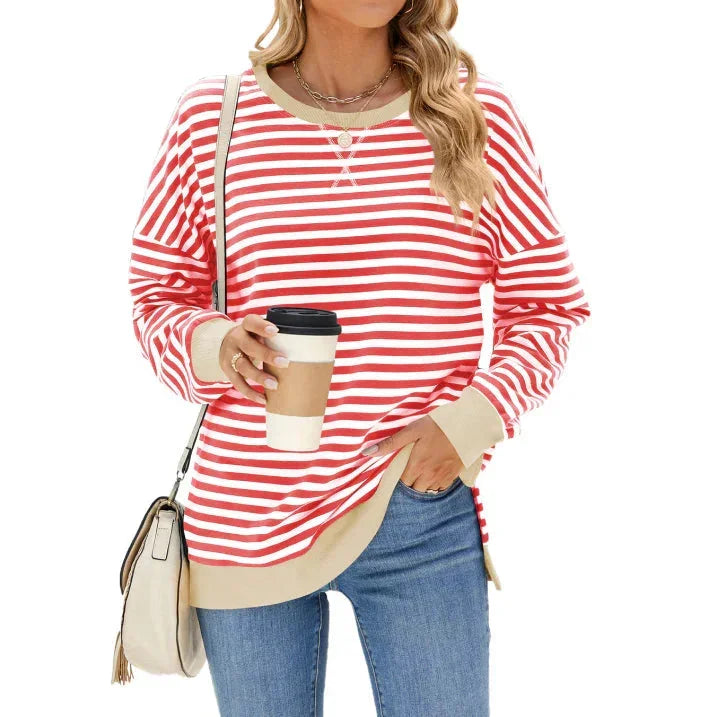 Roter Damen-Streifenpullover mit Rundhals, Langarm und weichem Material, ideal für den legeren Alltag.