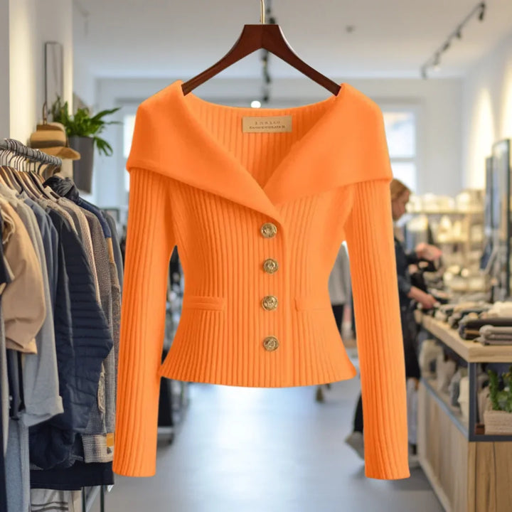 Damen Strickjacke mit breitem Kragen und Knöpfen