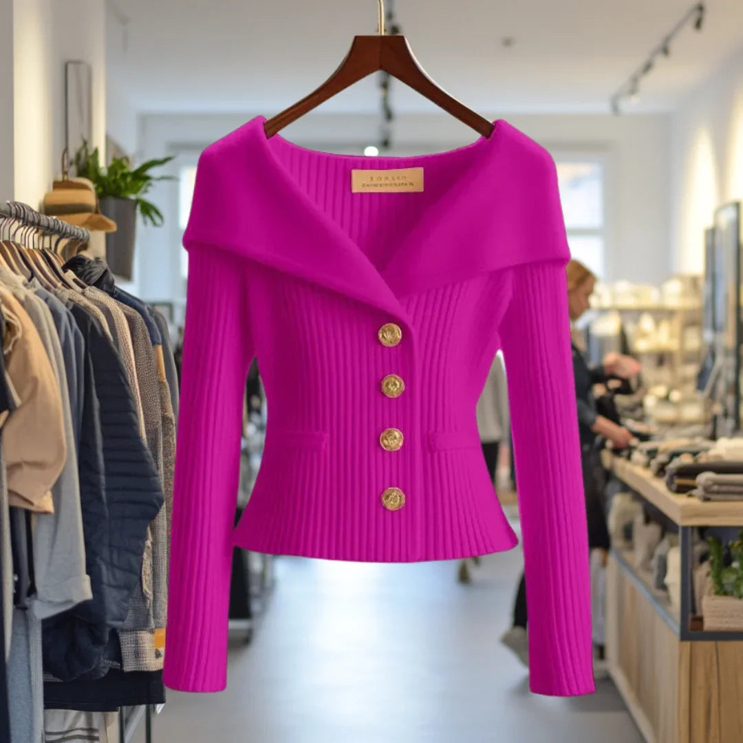 Damen Strickjacke mit breitem Kragen und Knöpfen