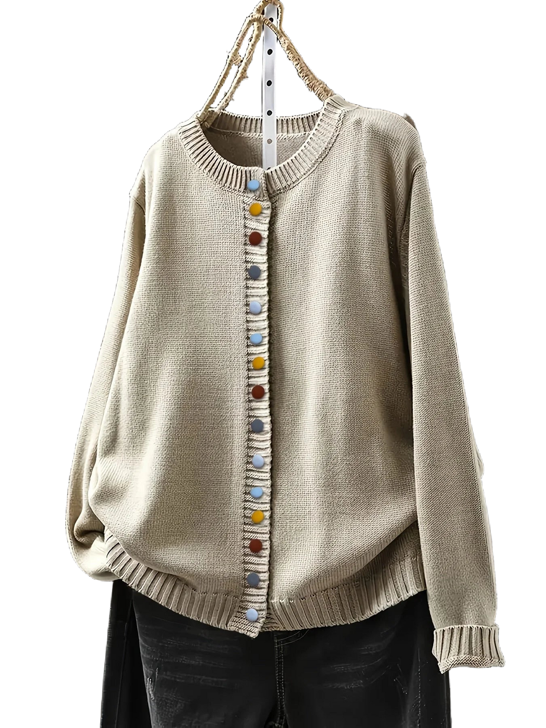 Beige Damen Strickjacke mit bunten Knöpfen, gemütlicher Schnitt aus weichem Material, ideal für lässige Outfits.