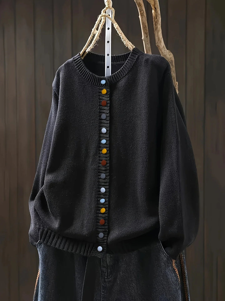Schwarze Damen Strickjacke aus weichem Material mit bunten Knöpfen und klassischem Design, ideal für den Alltag.