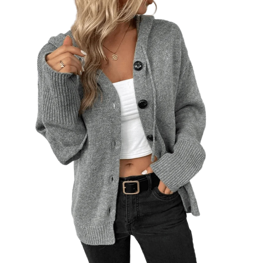 Grau Damen Strickjacke aus weichem Material mit Knöpfen und praktischer Kapuze, ideal für kühle Tage.