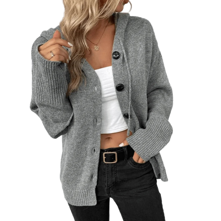 Grau Damen Strickjacke aus weichem Material mit Knöpfen und praktischer Kapuze, ideal für kühle Tage.