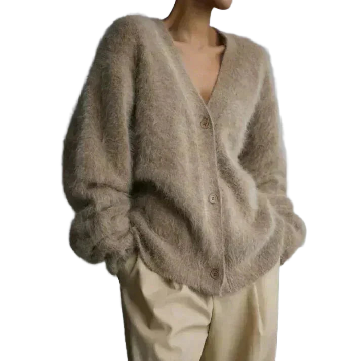 Beige Damen Strickjacke aus weichem Material mit Knöpfen und klassischem Design für vielseitige Kombinationsmöglichkeiten.