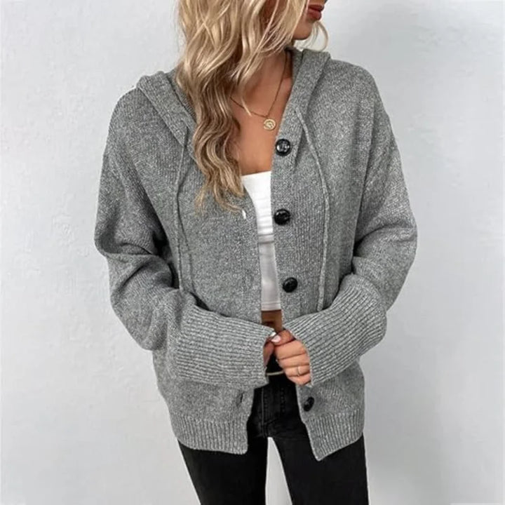 Damen Strickjacke mit Knöpfen und Kapuze aus weichem Baumwollmix, lässiger Schnitt und praktische Taschen für Alltag und…