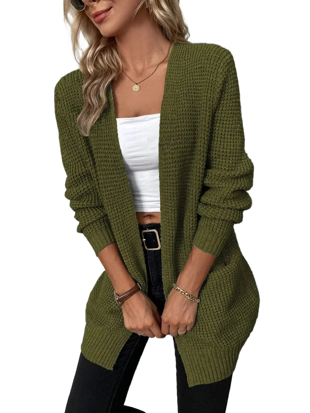 Damen Strickjacke in Grün, langärmlig, offenes Design, aus weichem, atmungsaktivem Material für gemütliche Passform.