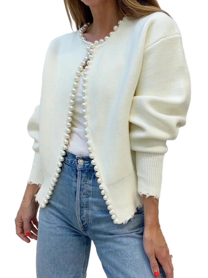 Damen Strickjacke mit Perlenverzierung und Ballonärmeln