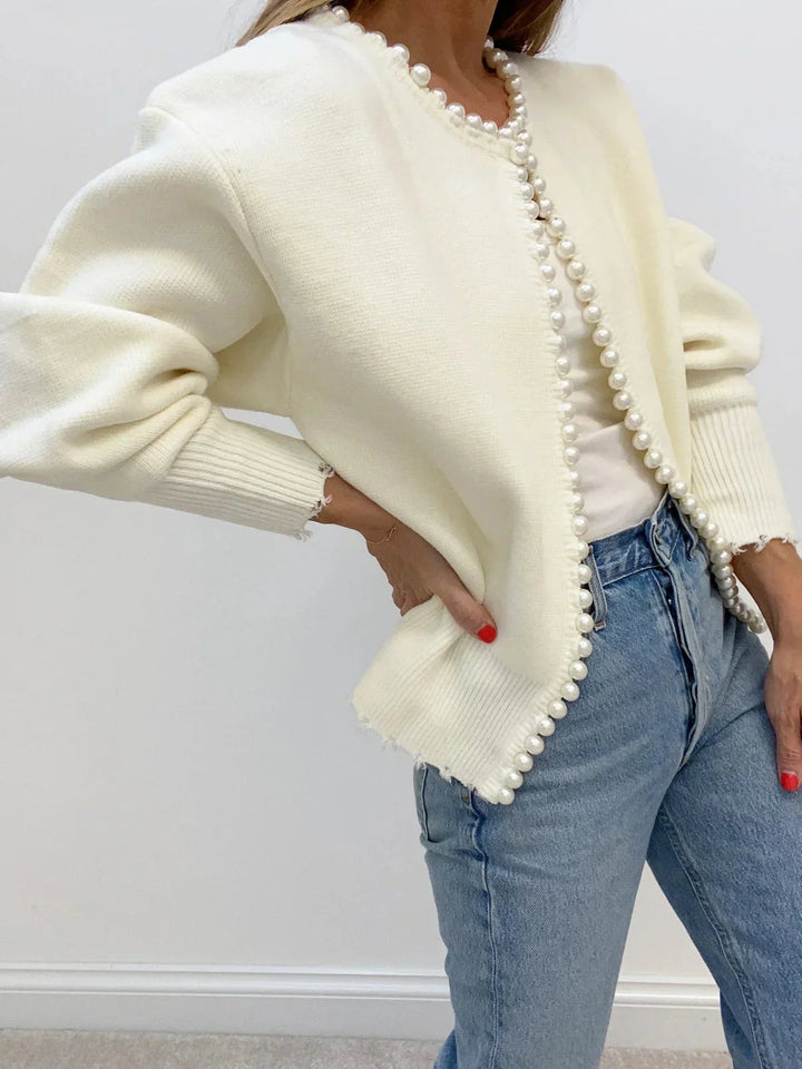Damen Strickjacke mit Perlenverzierung und Ballonärmeln