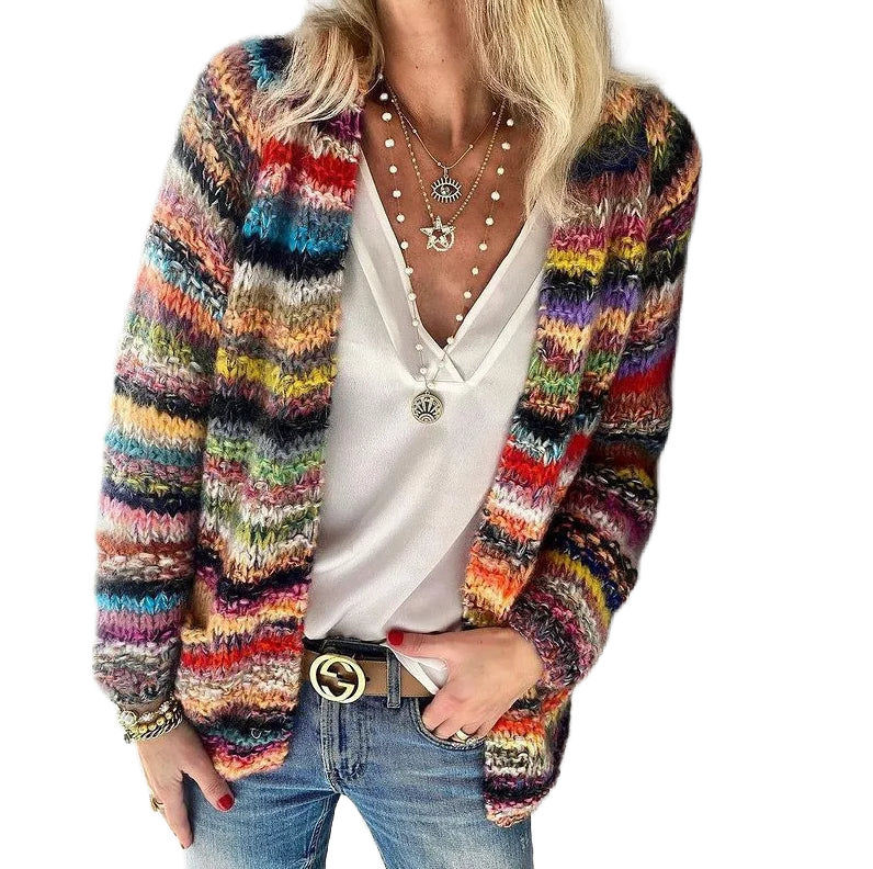 Damen Strickjacke mit offener Front, mehrfarbiges Design in Rot, aus weichem Material für komfortable Passform.