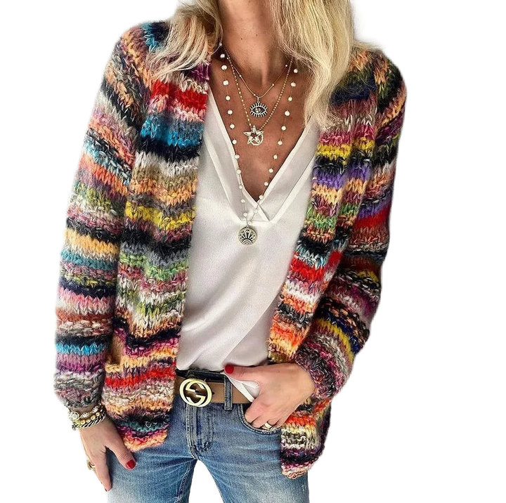 Damen Strickjacke mit offener Front, mehrfarbiges Design in Rot, aus weichem Material für komfortable Passform.