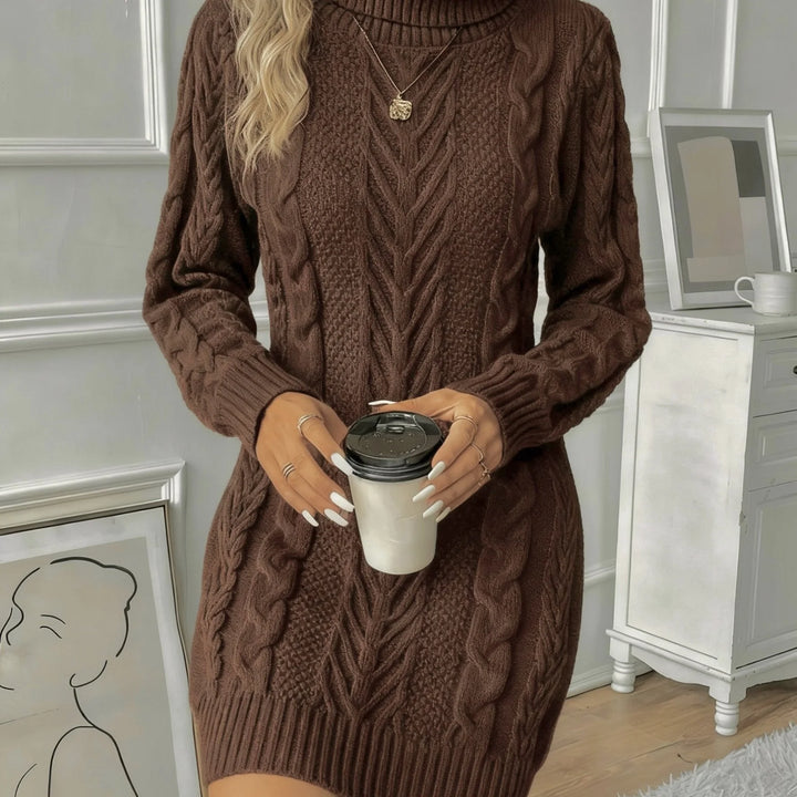 Kaffeefarbenes Damen Strickkleid aus weichem Material mit Zopfmuster und Rollkragen, ideal für kühle Tage.