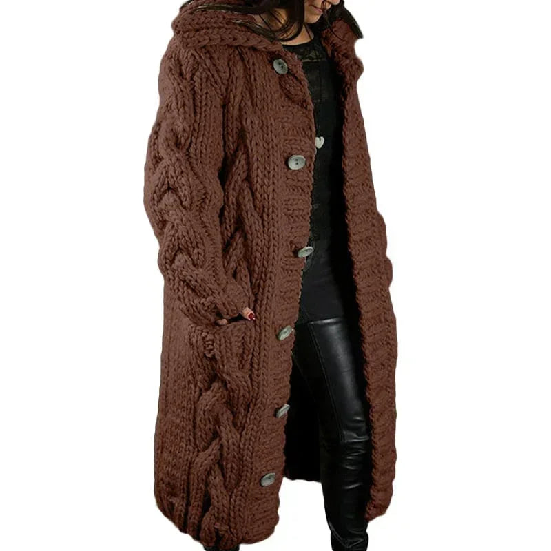 Lange Damen Strickjacke mit Kapuze und Zopfmuster