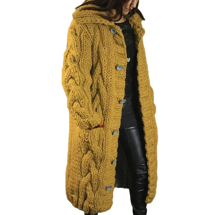 Lange Damen Strickjacke mit Kapuze und Zopfmuster