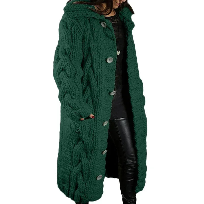 Lange Damen Strickjacke mit Kapuze und Zopfmuster