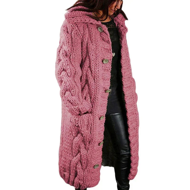 Lange Damen Strickjacke mit Kapuze und Zopfmuster