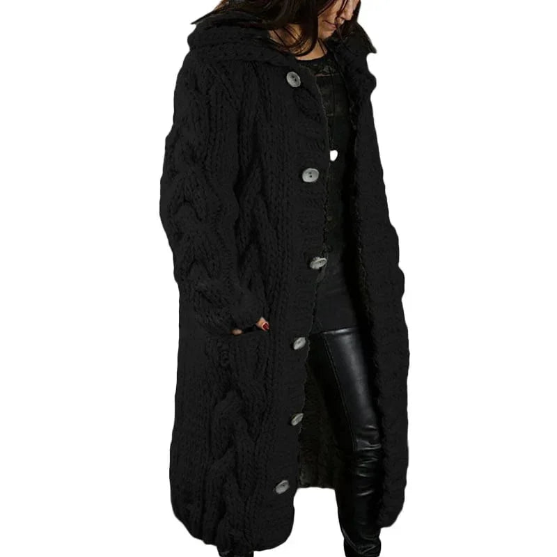 Lange Damen Strickjacke mit Kapuze und Zopfmuster