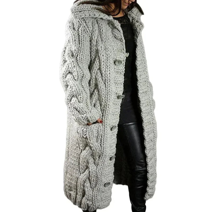 Lange Damen Strickjacke mit Kapuze und Zopfmuster