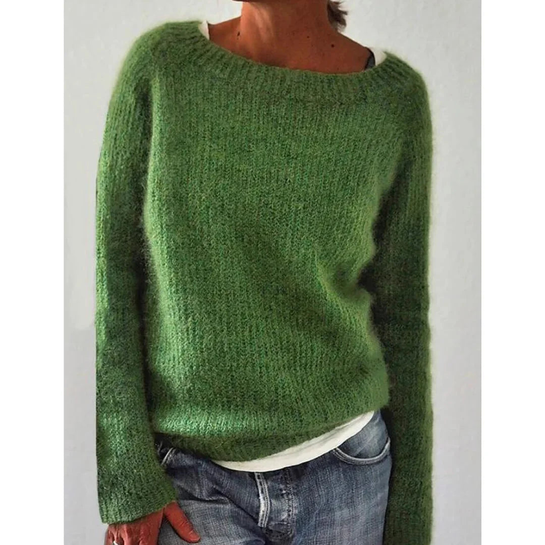 Damen Strickpullover in Grün, Rundhalsausschnitt, aus weichem Material, lässiger Schnitt, ideal für den Alltag.