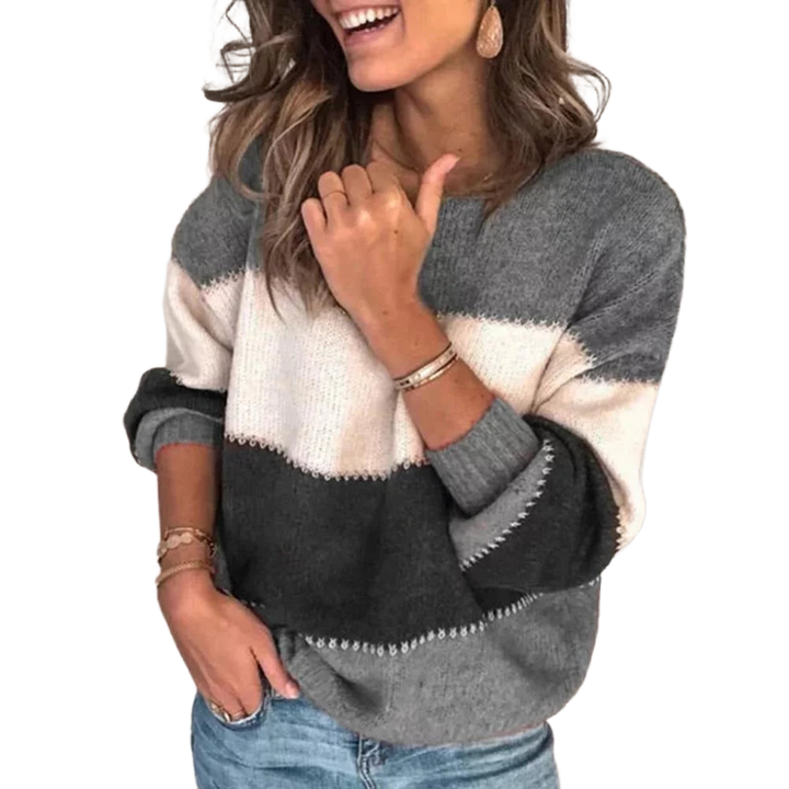 Damen Vintage Strickpullover in Grau, aus weichem Material mit langen Ärmeln und klassischem Rundhalsausschnitt.