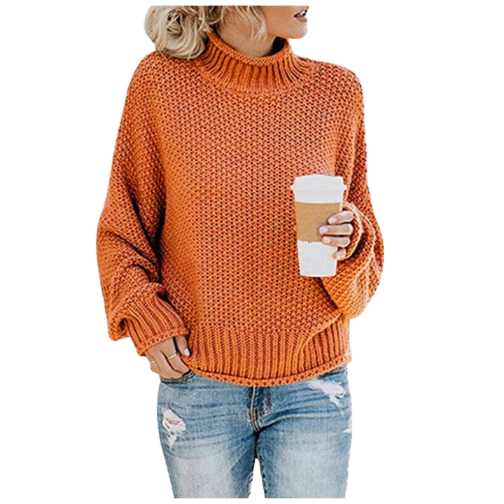 Orange Damen Strickpullover mit Rollkragen, langen Ärmeln und leichter Struktur aus weicher, warmer Wollmischung.