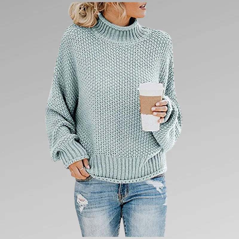Babyblauer Damen Strickpullover mit Rollkragen, langen Ärmeln und weicher, angenehmer Materialqualität für gemütliche Tage.