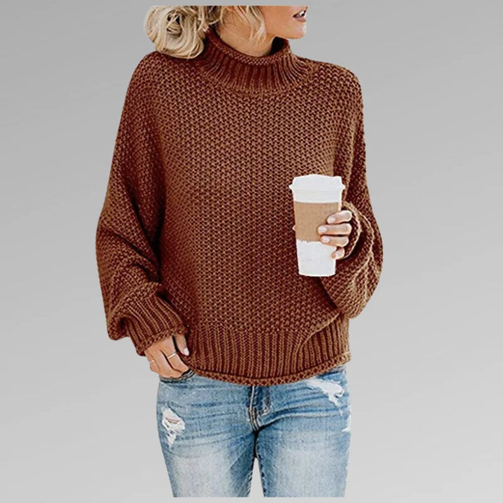 Brauner Damen Strickpullover mit Rollkragen, langen Ärmeln und weichem Material für angenehmen Tragekomfort.