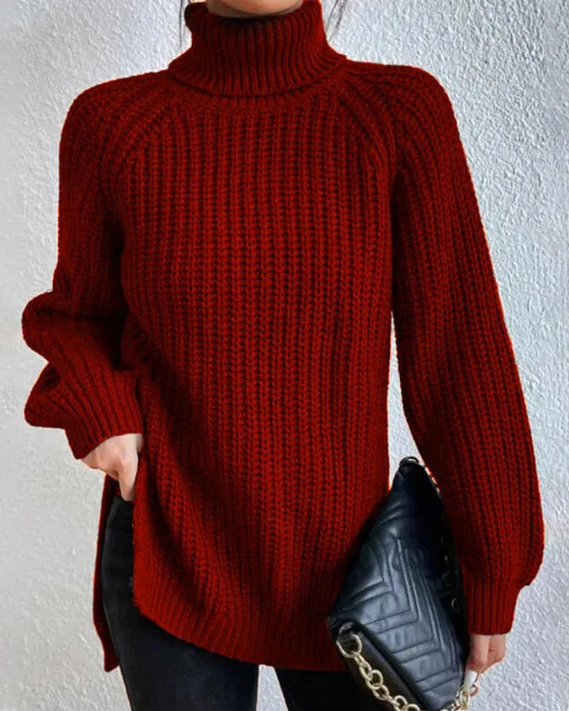 Burgunder Damen Strickpullover mit Rollkragen, lockerem Schnitt und weichem Material für angenehmen Tragekomfort.