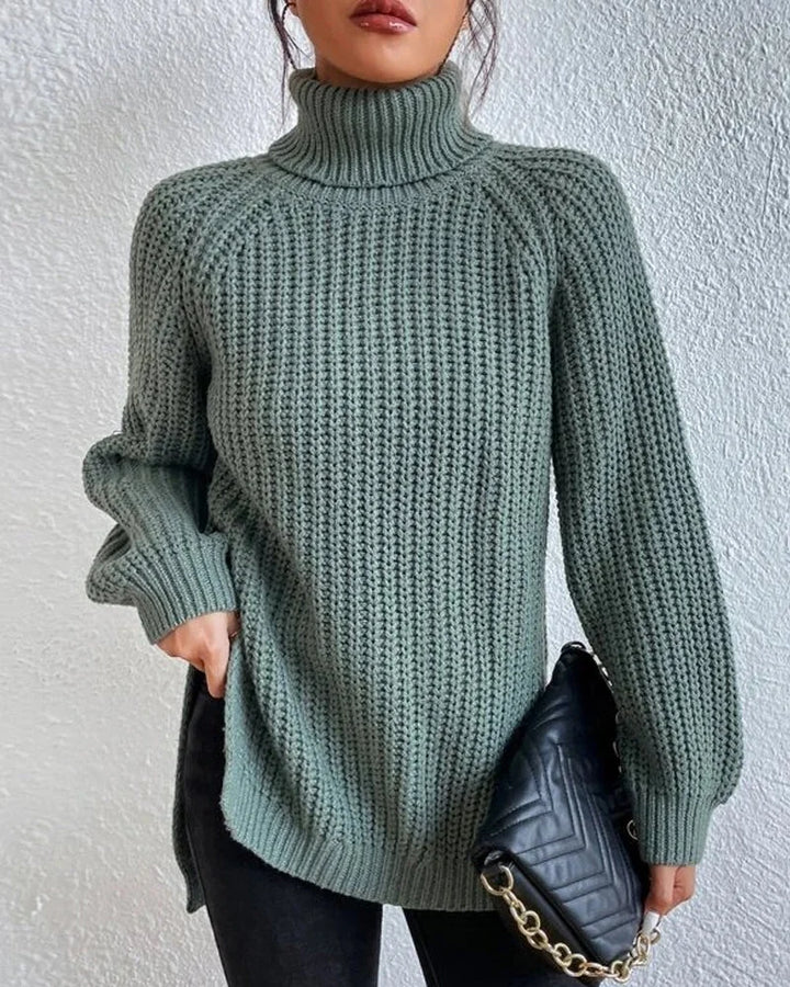 Grüner Damen Strickpullover mit Rollkragen, lockerem Schnitt und weichem Material für gemütlichen Tragekomfort.