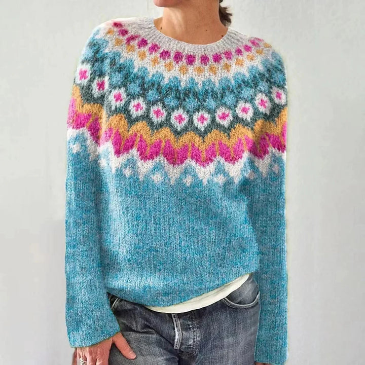Damen Strickpullover, Rundhalsausschnitt, Norwegermuster, aus weicher Wolle, ideal für kalte Tage und legere Freizeitoutfits.