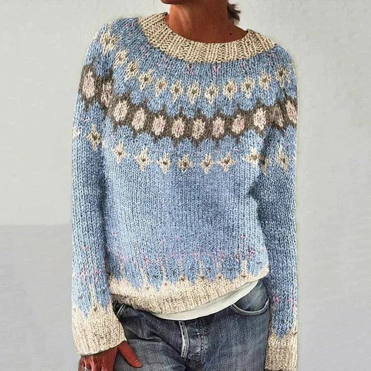 Damen Strickpullover mit Rundhalsausschnitt, Norwegermuster, aus weichem Baumwollmix, ideal für kühle Tage.