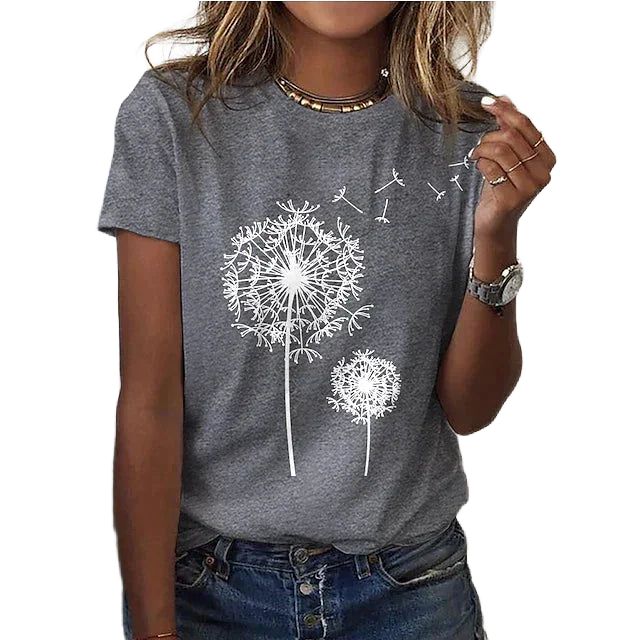Graues Damen T-Shirt mit Dandelion-Print und kurzen Ärmeln, aus weichem Baumwollstoff, ideal für lässige Alltagslooks.