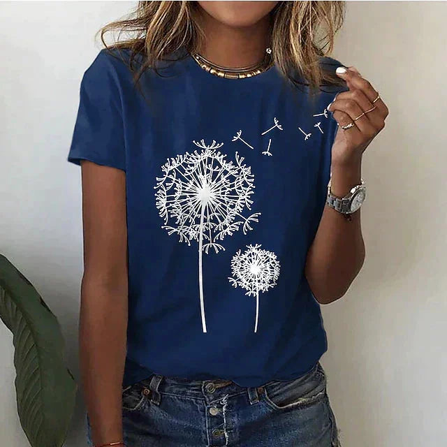 Damen T-Shirt aus Baumwolle in Blau mit Dandelion-Print und kurzen Ärmeln, lässiger Schnitt für den Alltag.
