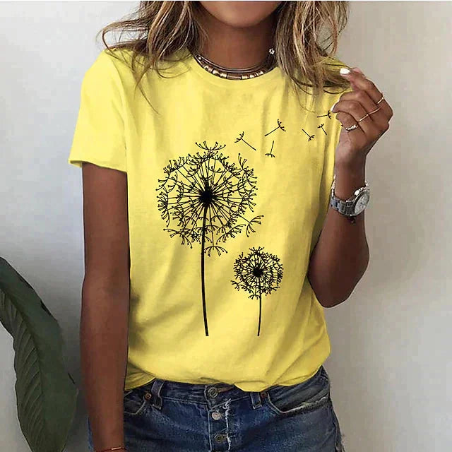 Gelbes Damen T-Shirt mit Dandelion-Print und kurzen Ärmeln, aus leichtem Baumwollstoff für Alltagskomfort.