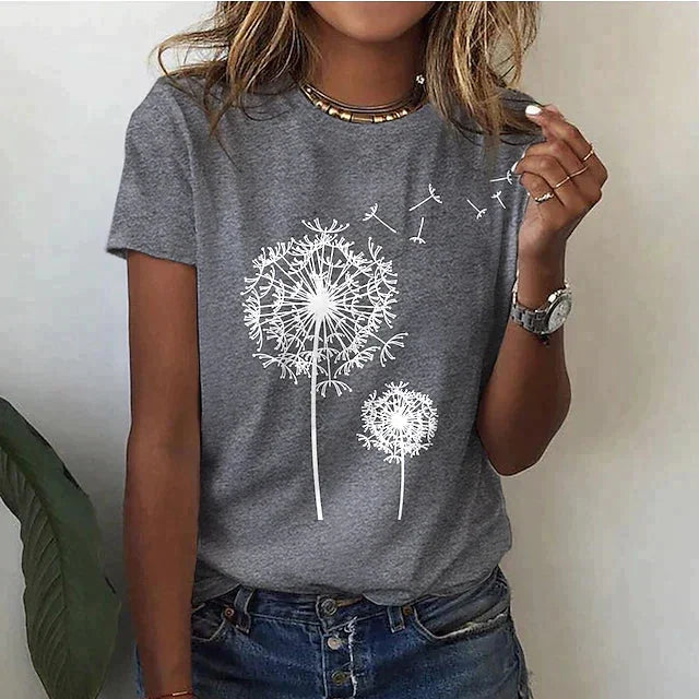 Graues Damen T-Shirt mit Dandelion-Print und kurzen Ärmeln, aus weichem Baumwollstoff, ideal für lässige Alltagslooks.