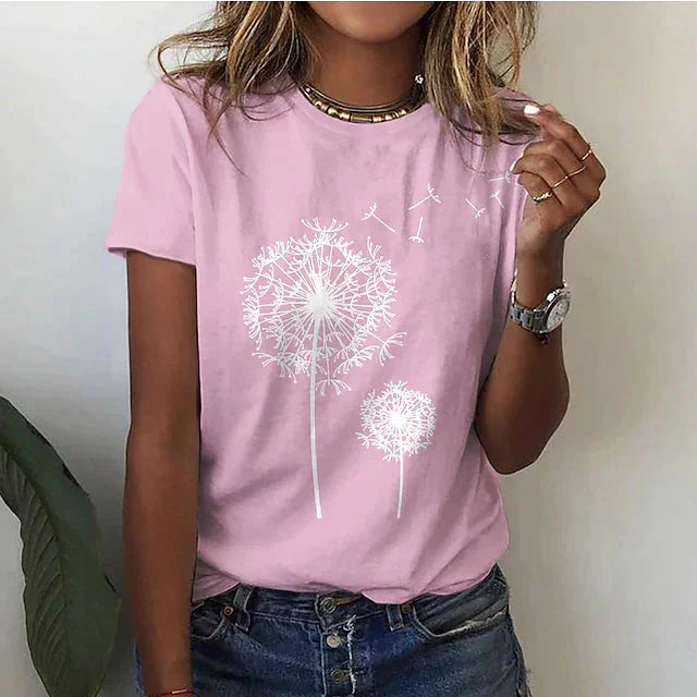 Rosa Damen T-Shirt mit Dandelion-Print und kurzen Ärmeln, aus leichtem Baumwollstoff, perfekt für den Sommerlook.