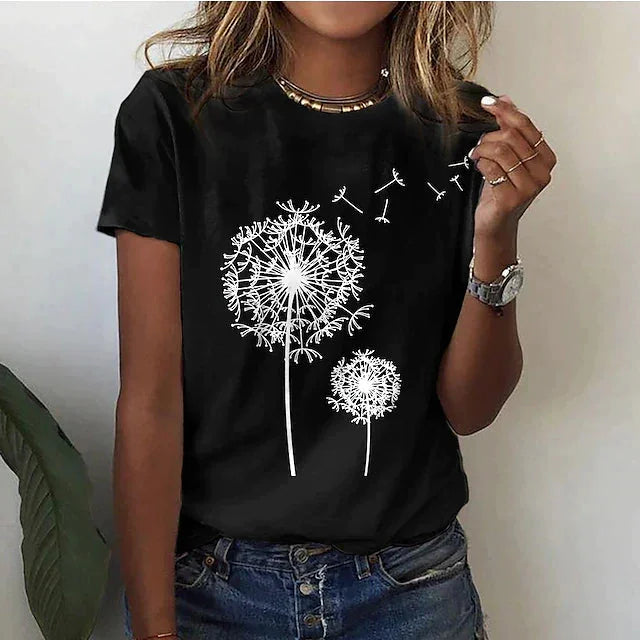 Schwarzes Damen T-Shirt mit Dandelion-Druck und kurzen Ärmeln aus weichem Stoff.
