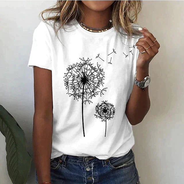 Damen T-Shirt mit Dandelion Print, kurzen Ärmeln, aus weichem Stoff in Weiß, ideal für den Alltag oder entspannte Anlässe.