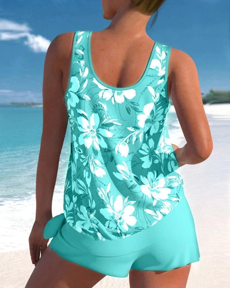 Damen Tankini Set mit Blumenmuster und Shorts, leichtes und dehnbares Material, perfekt für den Strand oder Pool.