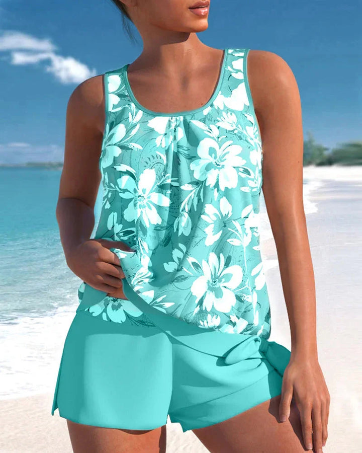 Aquablauer Tankini für Damen mit Blumenmuster, inklusive Shorts; perfekt für den Strand oder Pool; aus hochwertigem Material…