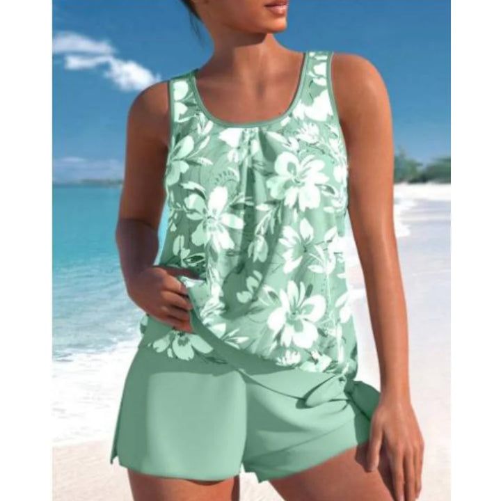 Grüner Damen Tankini Set mit Blumenmuster und Shorts, aus weichem Material, ideal für den Strand oder Pool – feminin und…